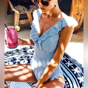 Blue and white striped one piece swimsuit